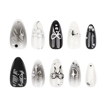 24Pcs False Nails Spicy Girl Silver Bow with Diamond Fake Nails with Glue Almond Press on Nails Black Cool Y2k Almond Nail Set Good Vibrations