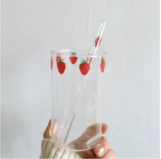 300ml Strawberry Cute Glass Cup With Straw Creative Transparent Water Cup Student Milk Heat Resistant Glass Nana Good Vibrations