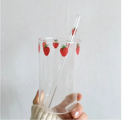 300ml Strawberry Cute Glass Cup With Straw Creative Transparent Water Cup Student Milk Heat Resistant Glass Nana Good Vibrations