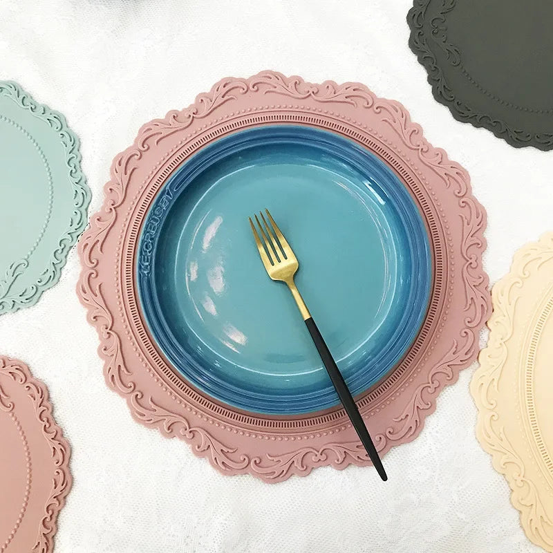 34CM Silicone Placemat Round Flower Coffee Dinner Table Mat Embossed Pink Coaster Heat Resistant Kitchen Tableware Dining Mat Good Vibrations