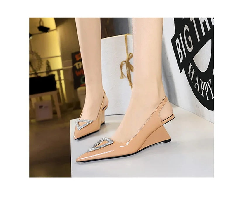Wedges Women Shoes High Heel Shallow Pointed Toe Hollow Back Straps Patent Leather Triangle Metal Crystal Buckle Pumps Good Vibrations