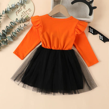 Halloween Kids Dress Girls Autumn Long Sleeve Cotton Cartoon Cat Print Tulle Skirt  European American Style Party Costume Good Vibrations