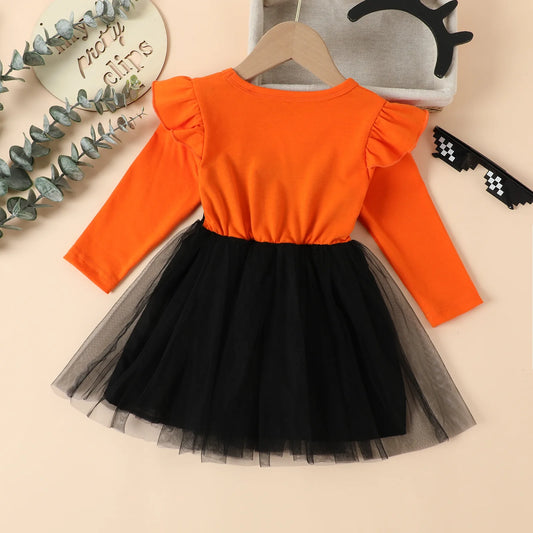 Halloween Kids Dress Girls Autumn Long Sleeve Cotton Cartoon Cat Print Tulle Skirt  European American Style Party Costume Good Vibrations