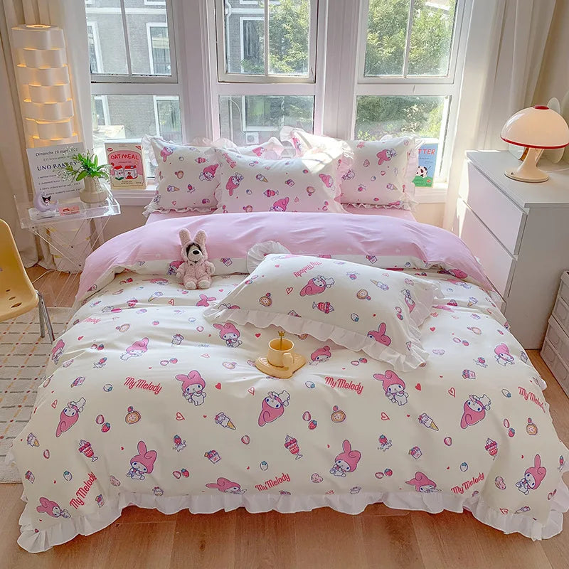 Sanrio Kids Bedding Set Kuromi Cinnamoroll Mymelody Duvet Cover Bed Sheet Pillowcase Bedsheet Double Single King Queen Twin Size Good Vibrations