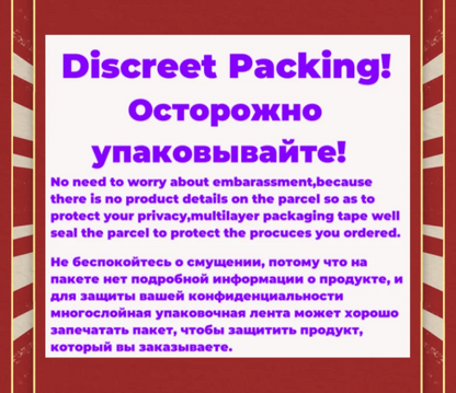 Discreet packaging notice for erotic accessories and BDSM bondage products in English and Russian.