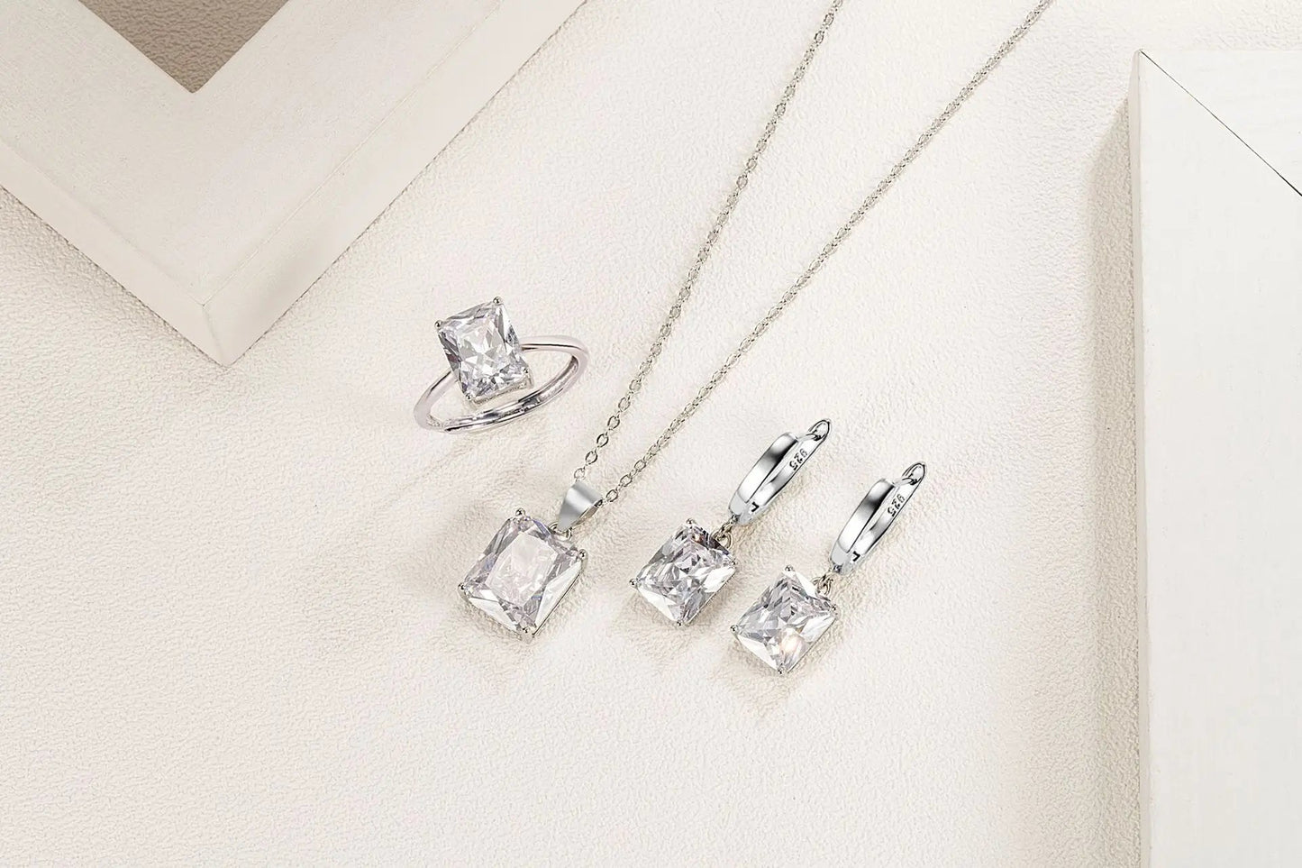 925 Sterling Silver  Elegant Jewelry Sets Ring Earrings Necklace For Women Rectangle Geometry Zircon Wedding Accessories Good Vibrations Adult Super Store