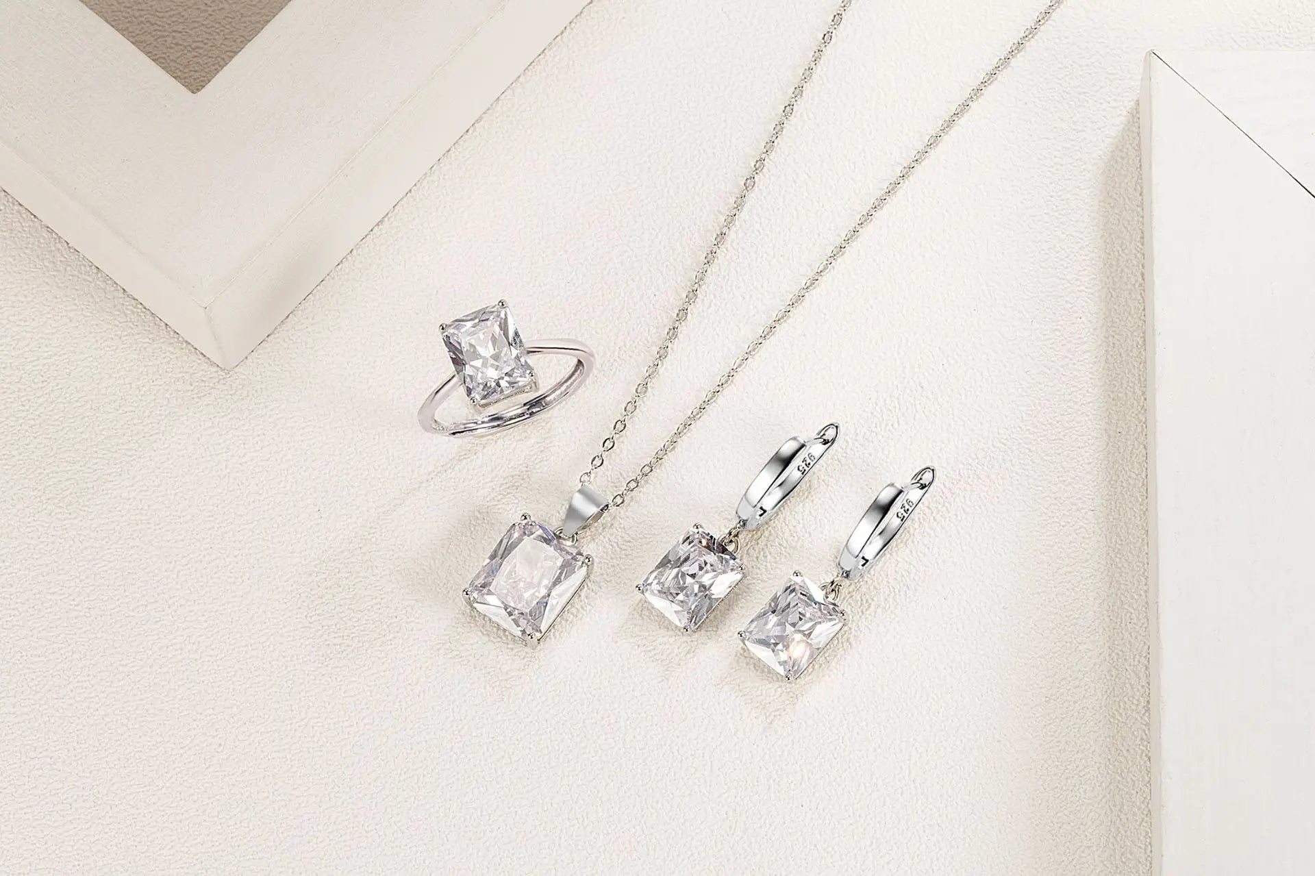 925 Sterling Silver  Elegant Jewelry Sets Ring Earrings Necklace For Women Rectangle Geometry Zircon Wedding Accessories Good Vibrations Adult Super Store