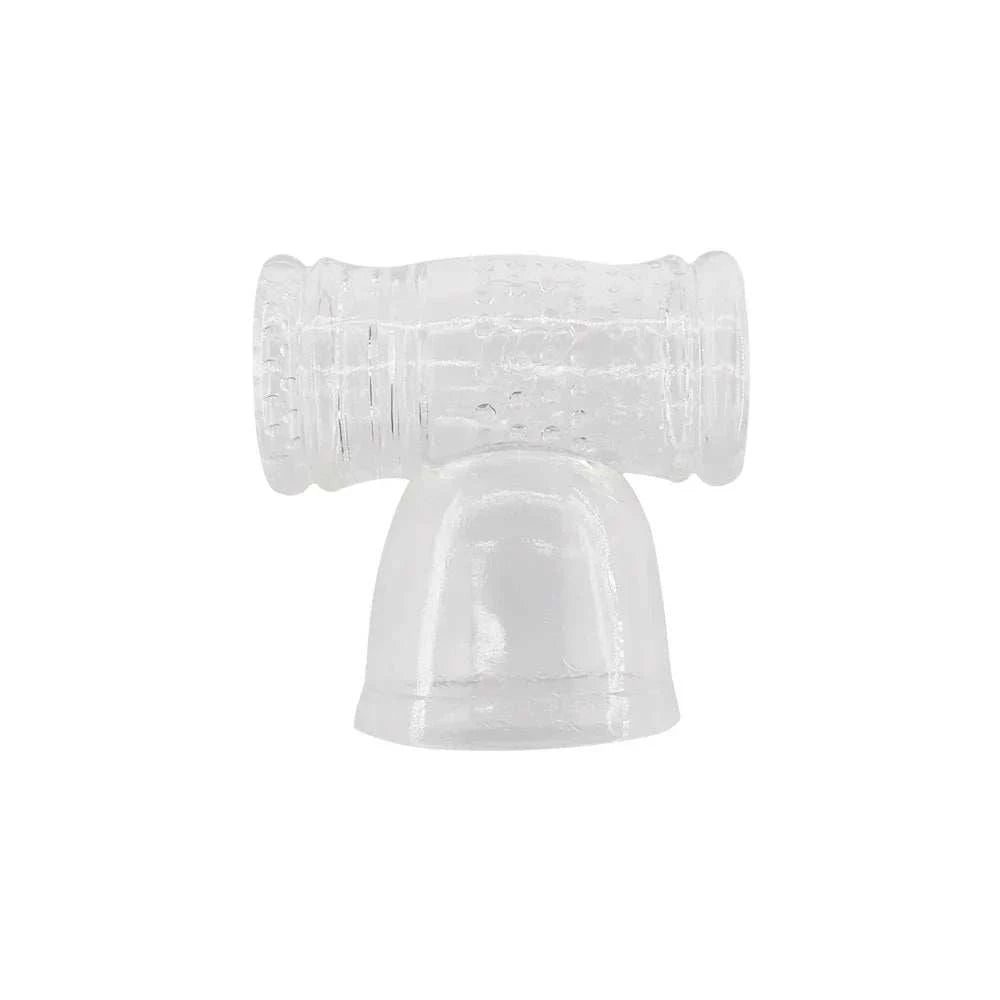 AV Vibrator Head Cap Magic Wand Attachment in transparent silicone for penis training and stimulation.