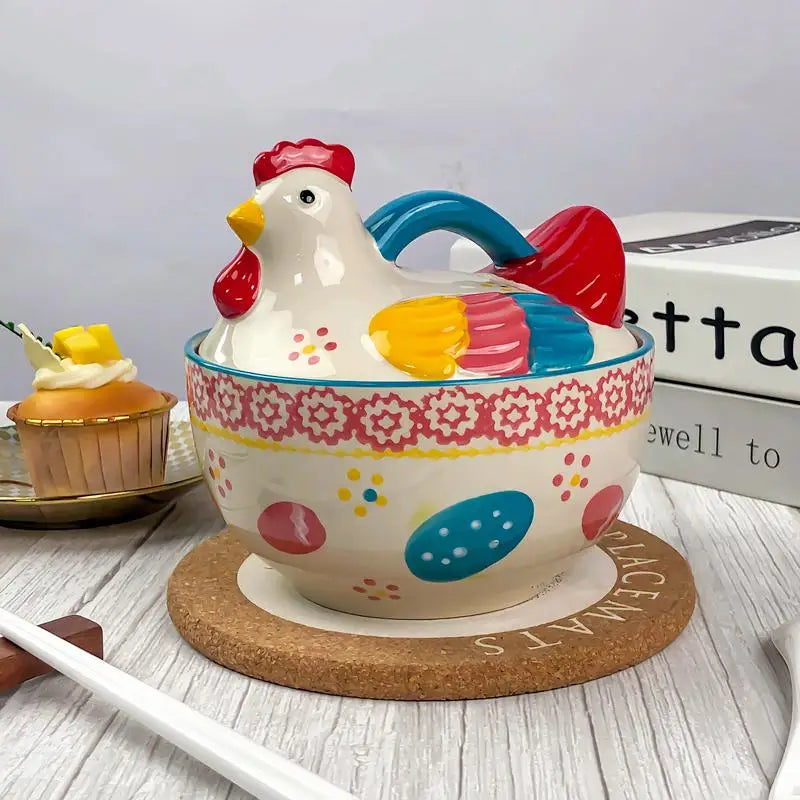 Ceramic Colorful Chicken Shape With lid Bowls Fruit Salad Dessert Soup Instant Noodle Bowl Home Restaurant Kitchen Supplies, 1Pc Good Vibrations
