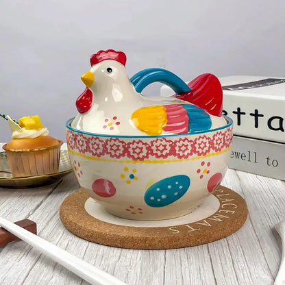 Ceramic Colorful Chicken Shape With lid Bowls Fruit Salad Dessert Soup Instant Noodle Bowl Home Restaurant Kitchen Supplies, 1Pc Good Vibrations