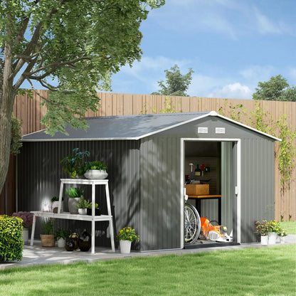 11' x 9' Metal Storage Shed Garden Tool House with Double Sliding Doors, 4 Air Vents for Backyard, Patio, Gray Good Vibrations