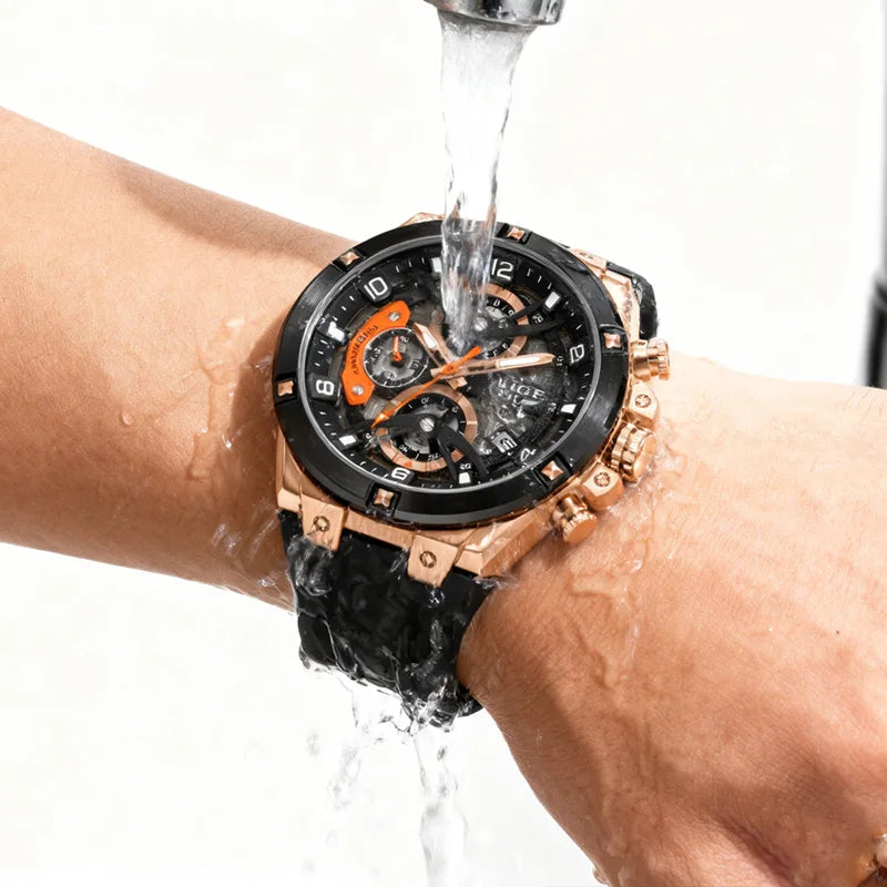 LIGE Luxury Military Men Watch Waterproof Luminous Date Sport Man Wristwatch Chronograph Silicone Strap Quartz Men's Watches Good Vibrations