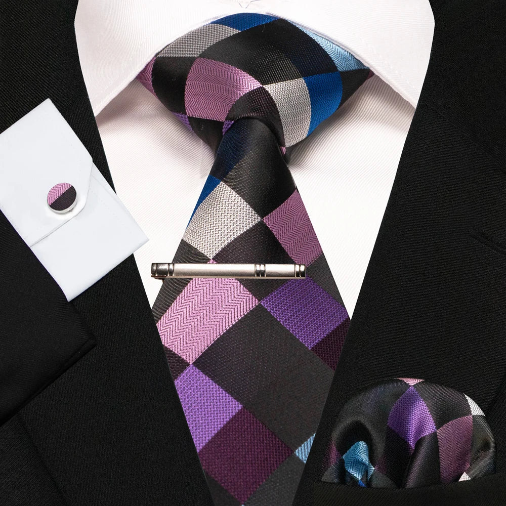 8cm Silk Mens Ties Green Black Ties plaid stripe NeckTie Pocket Square Cufflinks Tie clips Set Men's Wedding business Party Tie Good Vibrations