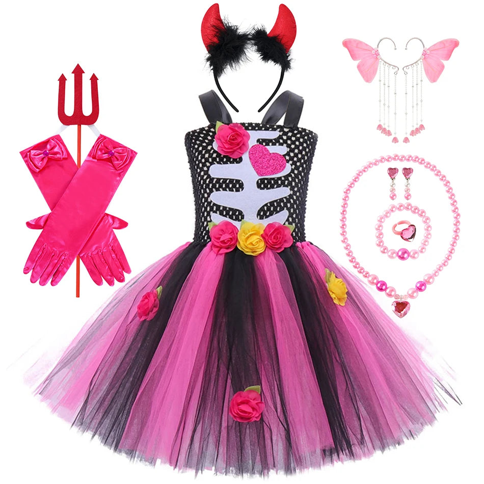 Halloween Kids Dress Cosplay Heart Print Skeleton Costumes Girls Floral Skull Tutu Clothes Children Carnival Performance Outfits Good Vibrations
