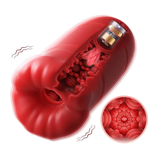 Men's automatic tongue licking oral sex toy with realistic design and vibrating feature.