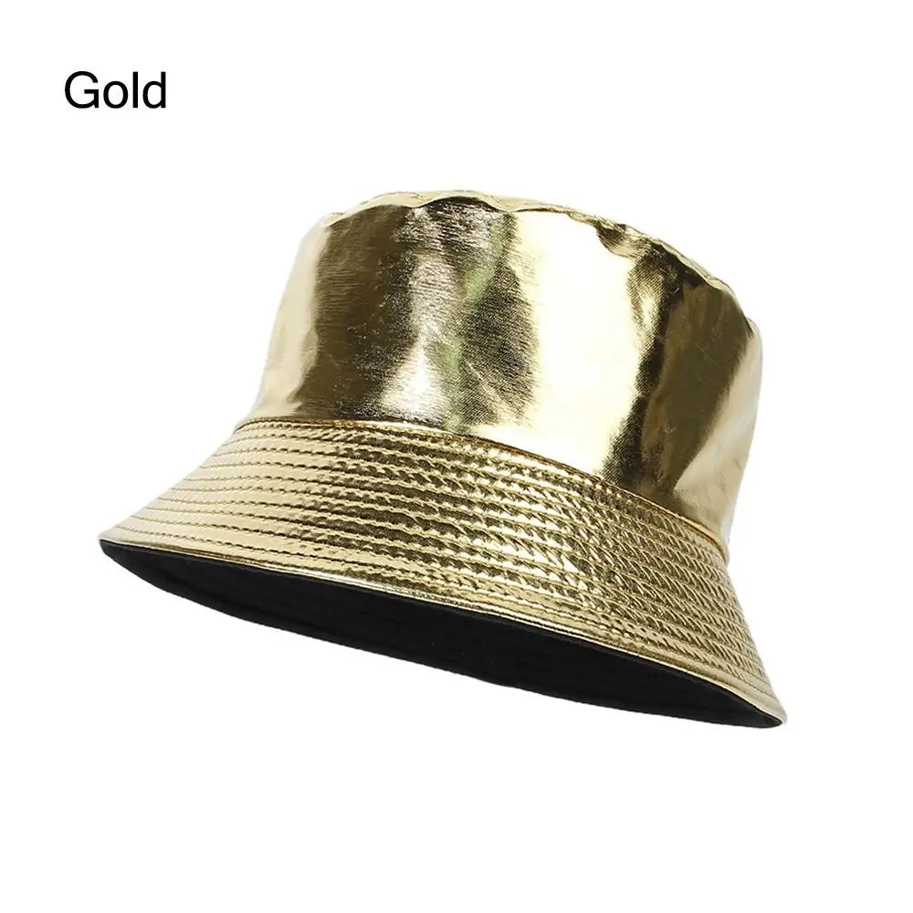 Faux Leather Bucket Hat Women Reversible PU Leather Sun Hat Fashion Autumn Waterproof Fisherman Hat Reversible Sun Bucket Hat Good Vibrations