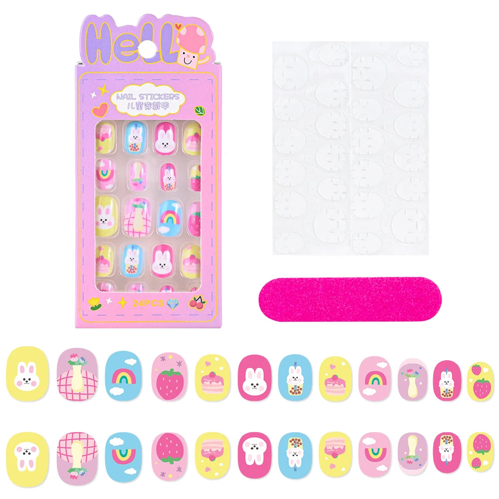 24Pcs/box Kids nails for Girl Cartoon Pattern False Nail Cute Child Fake Nails Tips Kawaii Acrylic Artificial Press on Nail+Tool Good Vibrations