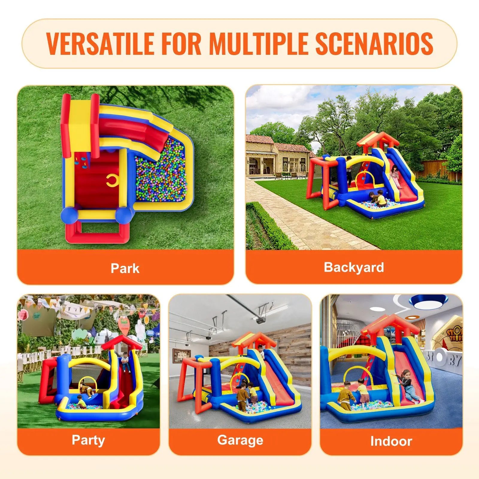 Inflatable Bounce House, Outdoor High Quality Playhouse Trampoline, Jumping Bouncer with Blower, Slide, and Storage Bag, Family Good Vibrations