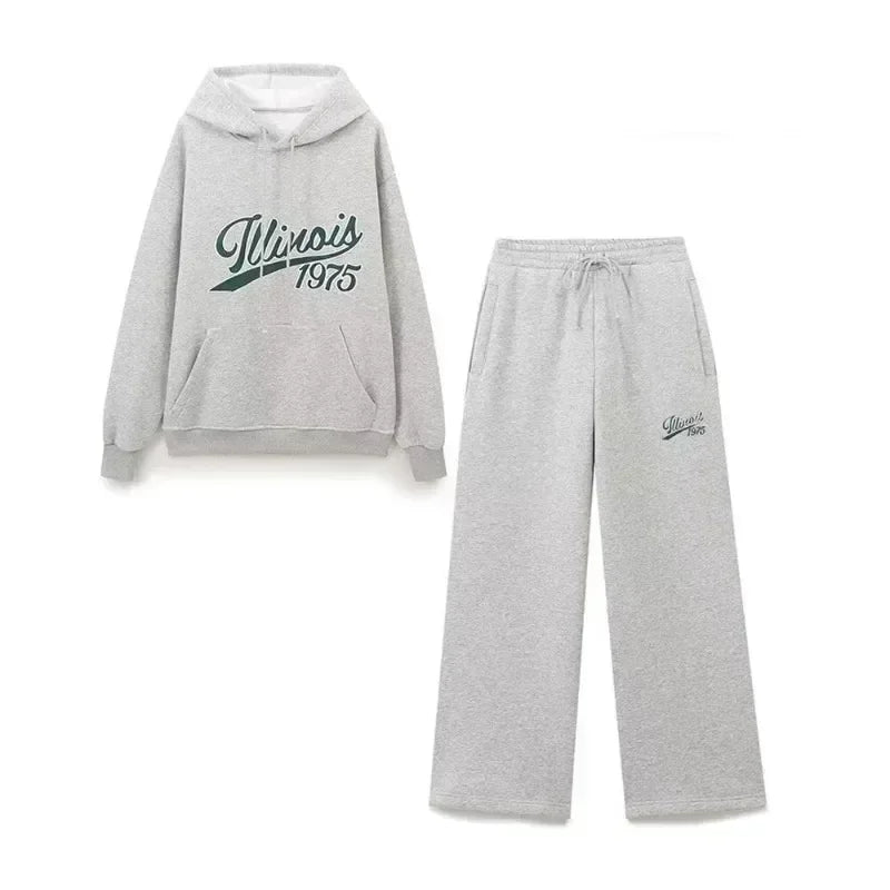 Women's Set Two Pieces Elegant Casual Women's Set Autumn Outfits Sweat Suit Sets Basics Grey Letter Hoodies Sets Good Vibrations