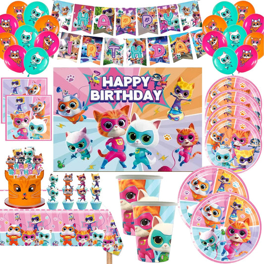 Cartoon Superkitties Birthday Party Decorations Balloons Disposable Tableware Set Paper Plates Banner for Baby Shower Kids Gifts Good Vibrations