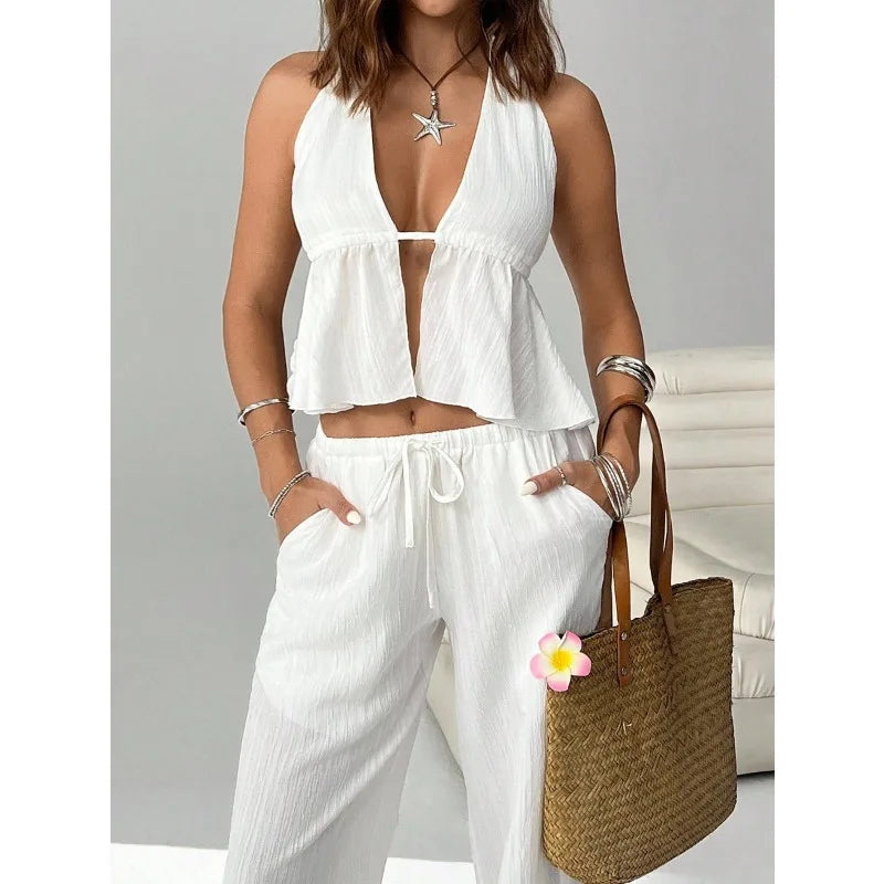 Women 2 Piece Outfits Halter Backless Tie Up Crop Top and Wide Leg Pants Casual Summer Vacation Two Piece Loungewear Tracksuit Good Vibrations