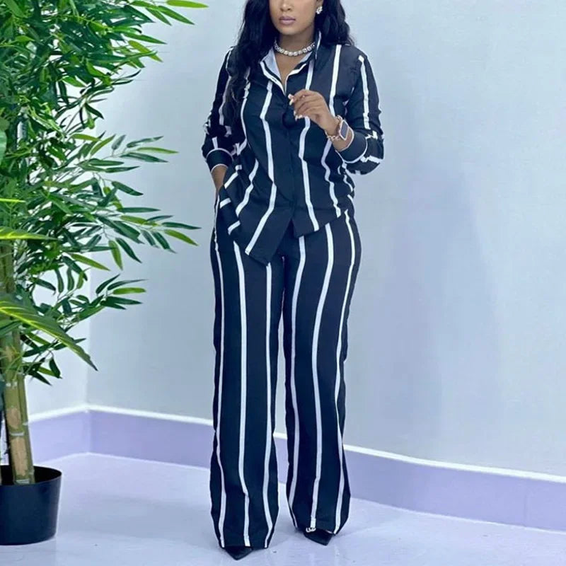 African Fashion Stripe Two Piece Set Women Spring Autumn Casual Button Long Sleeved Shirt Wide Leg Pants Two Piece Set Women Good Vibrations