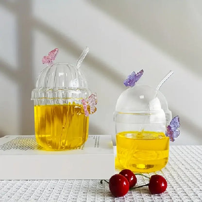 1PCS 400ML Drinking Glass Cup Set with Butterfly Design for Iced Coffee, Juice, Tea & Milk, Perfect Birthday and Holiday Gifts Good Vibrations