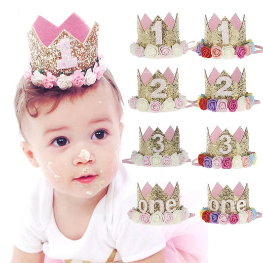 Baby Birthday Decoration Girl 1 2 3 Years Crown Hat Pink White Flower Sequins Crown 1st birthday Photo Prop Happy Birthday Gifts Good Vibrations