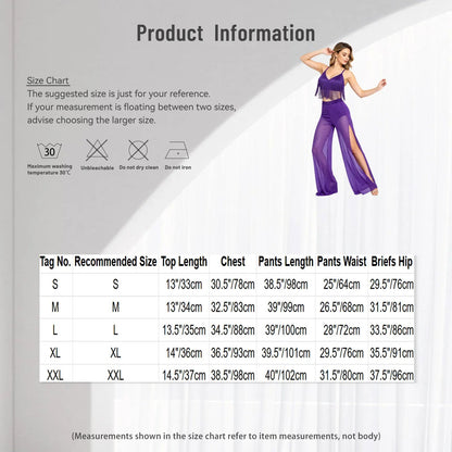Womens Modern Dance Outfit V-neck Sleeveless Back Crossing Fringed Crop Top And Mesh Wide Leg Pants with Briefs Good Vibrations