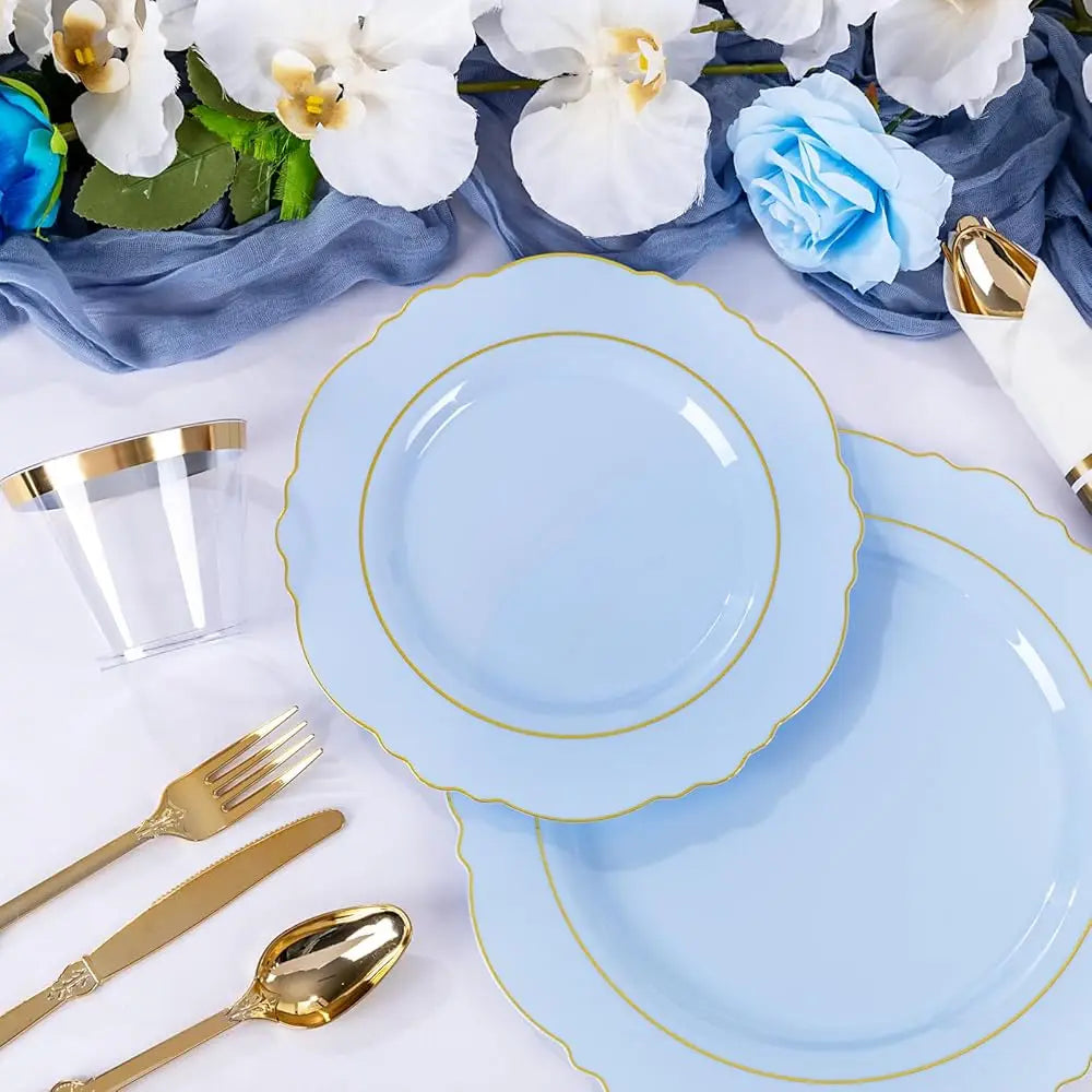 350Pcs Bule Plastic Plates - Disposable Bule And Gold Plates 50Guest Baroque Plastic Dinnerware Lude 100Plates, 50Pa Pre Rolled Good Vibrations