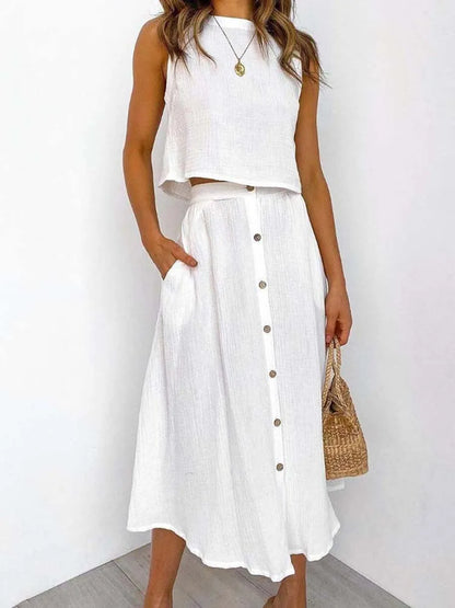 Summer Outfits For Women 2023 New Casual Cotton Linen Suit Loose Sleeveless Vest Single-breasted Skirt 2 Piece Set Women Outfit Good Vibrations