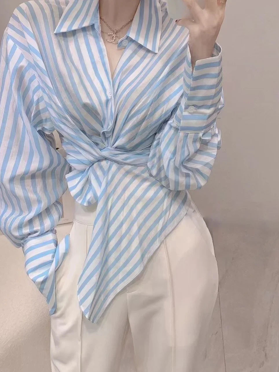 Women's Pants Two Piece Set Holiday Outfits Ladies Trouser Shirt Blue Blouse and Spring Autumn Stripe Aesthetic Groups of Co Ord Good Vibrations