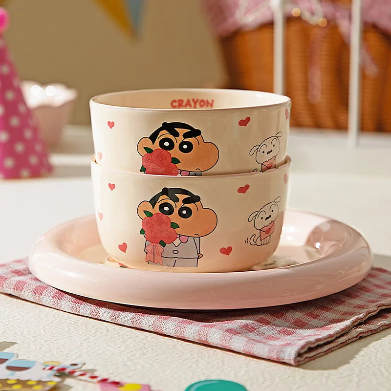 Cartoon Crayon Shin Chan Ceramic Tableware Set Cute Home Dining Bowl Pink Cute Girl Heart Round Bowl Water Cup Plate Gift Good Vibrations