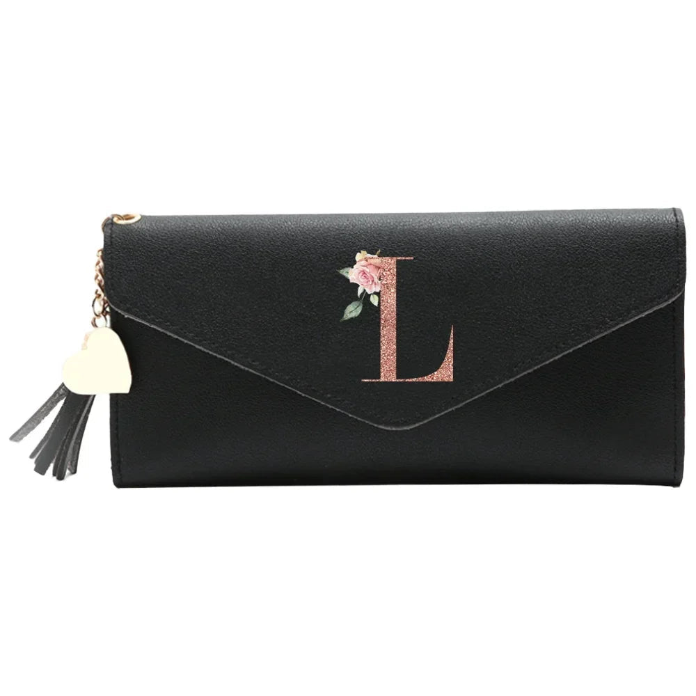 Wallet Black Small Leather Coin Purse Rfid Blocking Wallet Rose Gold Pattern Mini Purse with ID Window for Women Good Vibrations