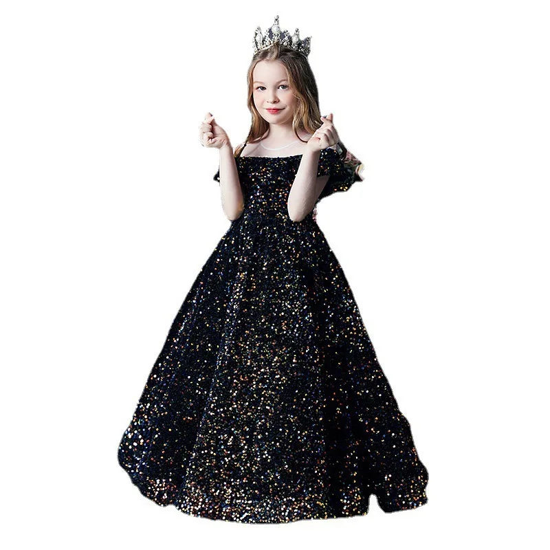 Girl's Western Style Evening Dress Flower Girl Sequined Catwalk Host Piano Performance Princess Dress Good Vibrations