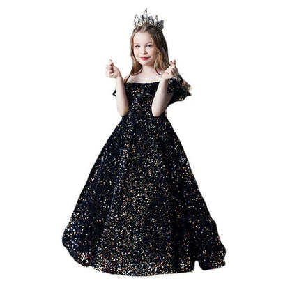 Girl's Western Style Evening Dress Flower Girl Sequined Catwalk Host Piano Performance Princess Dress Good Vibrations