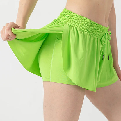 2 in 1 Flowy Sports Shorts Women Running Short Butterfly Tennis Skirt with Pockets Gym Yoga Athletic Biker Spandex Skirts Summer Good Vibrations