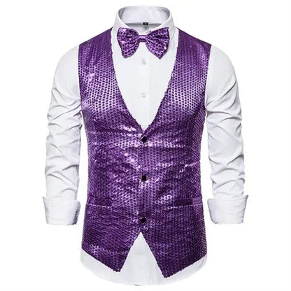 Gold Men's Sequin Vest Jacket, Single-breasted V-neck Sleeveless Vests Coat, Wedding Party Waistcoat Silver Blue Purple Red Tops