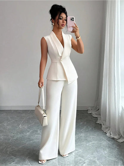Women's Elegant 2 Piece Outfit Sleeveless V-Neck Single Button Blazer Vest and Wide Leg Pants Set Business Office Workwear Sui Good Vibrations