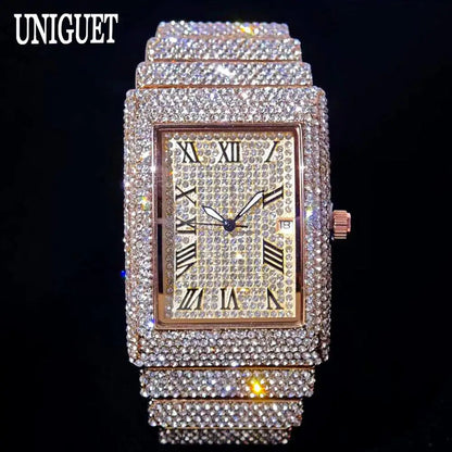 Fashion Rose Watch For Men Luxury Stainless Street Hip Hop Ice Diamond Rectangle Wristwatch Male With Calendar Rlógios Masculino Good Vibrations