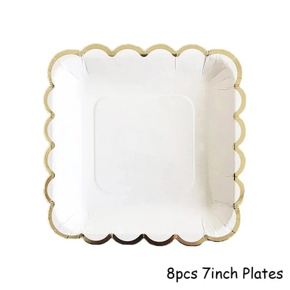 White Disposable Tableware Set Party Gold Paper Plate Wedding Necessitie Birthday Party Baby Shower Decorations Wedding Supplies Good Vibrations