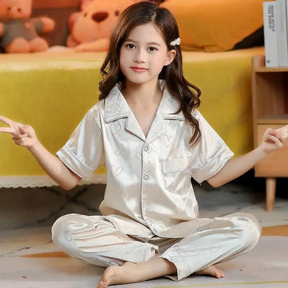 New Kids Spring Autumn Silk Satin Pajamas Set Girls Cartoon Button-Down Long Sleeve 2 Pieces Tops+Pants Sleepwear Pyjama Clothes Good Vibrations