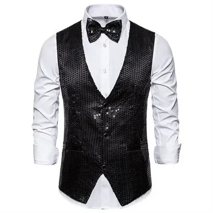 Gold Men's Sequin Vest Jacket, Single-breasted V-neck Sleeveless Vests Coat, Wedding Party Waistcoat Silver Blue Purple Red Tops