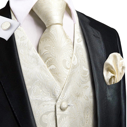Hi-Tie Black Men Silk Vest Paisley Jacquard Necktie Hankerchief Cufflinks Sets Male Sleeveless V-Neck Waistcoat Business Formal Good Vibrations