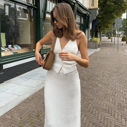 Women 2 Piece Summer Outfits Solid Color Button Halter Tops and Slit Long Skirt Set for Streetwear y2k Aesthetic Clothes Good Vibrations