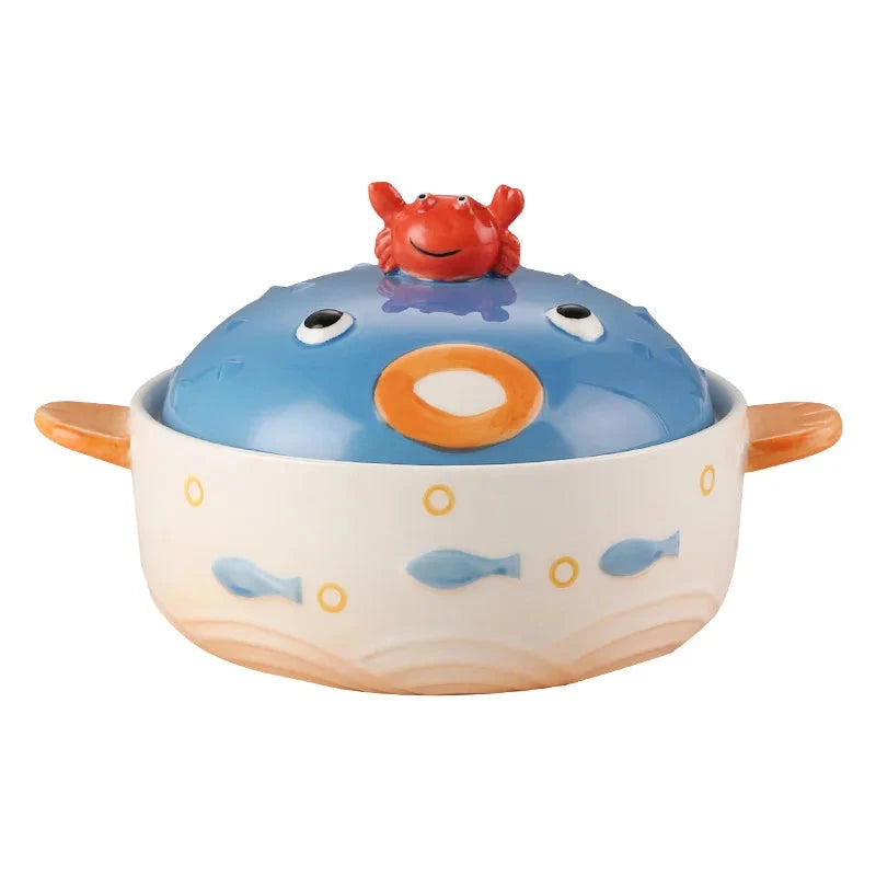 Creative Ocean Tableware Crab Globefish Shape Ceramic Ramen Bowls Phone Holder Two Handles Soup Bowls Good Vibrations