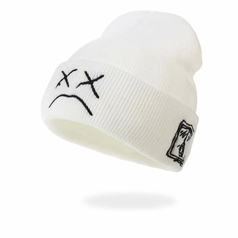 Hat Hip-hop Style Beanie Knitted Embroidered Knitted Hat With Sad Expression Warm Woolen Hat for Men and Women Fashion Cap Good Vibrations