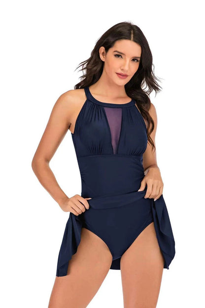 Women Swimdress With Shorts Sexy Hollow Out Mesh Swimwear 1 Piece Slim Black/Red/Dark Blue Solid Swimsuit Light luxury Beachwear Good Vibrations