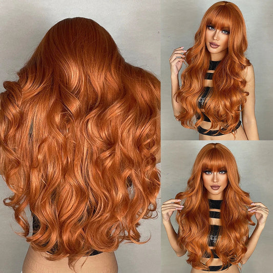 Ginger Orange Synthetic Wigs for Black Women Long Wavy Wigs with Bangs Cosplay Colored Hair Heat Resistant Body Wave Party Wig Good Vibrations