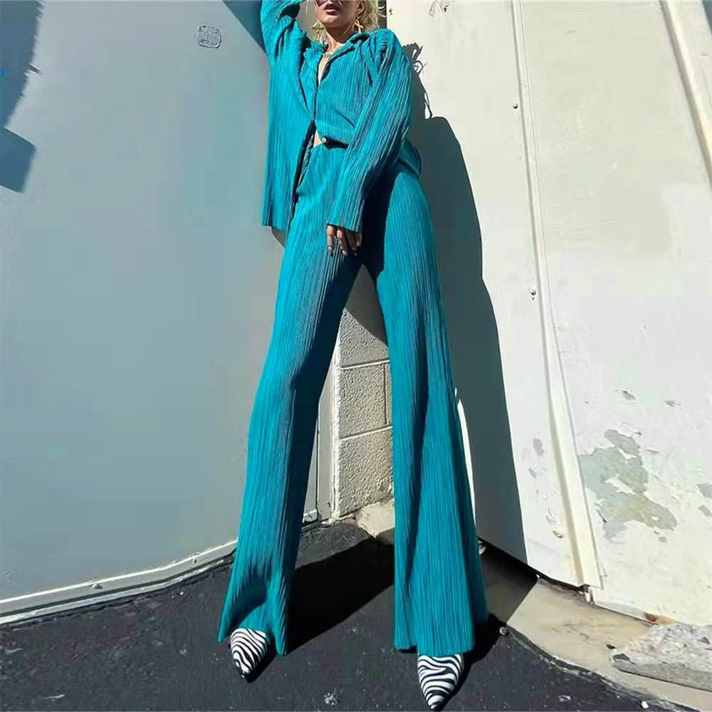 New Two Piece Set Women Outfits Pleated Women's Elegant  Drape Loose Sets Shirt High Waist Trousers Female Suit Fashion Casual Good Vibrations